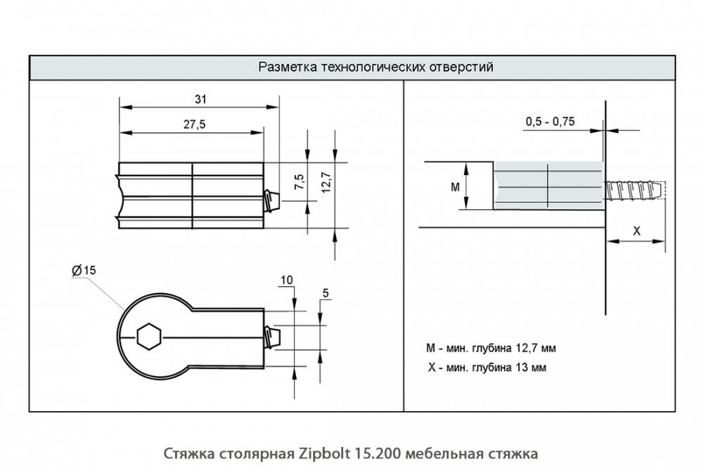 Стяжка столярная ZipBolt 15.200 мебельная стяжка